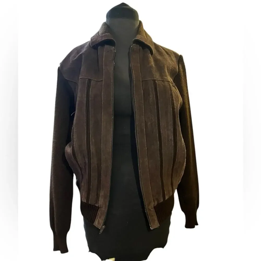 Vtg 80s Rugged Brown Suede Knit Sleeve Retro Grandpa Bomber Jacket M Retro